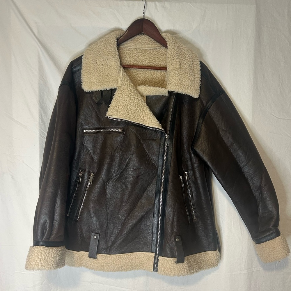 Women’s XL Brown Shearling Faux Leather Bomber Style Jacket